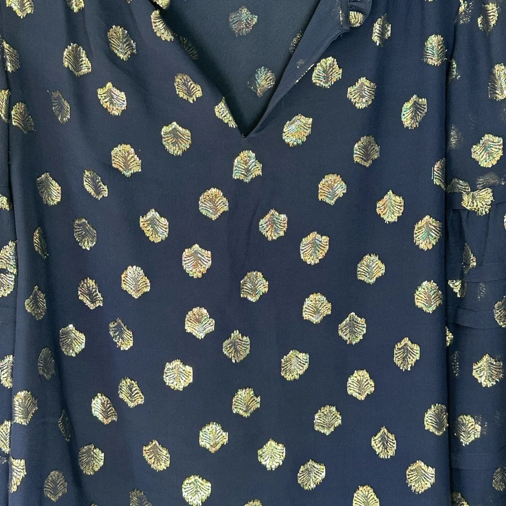 Lilly Pulitzer Giana Silk Top Navy and Gold V Neck Balloon Puff Long Sleeve SZ S